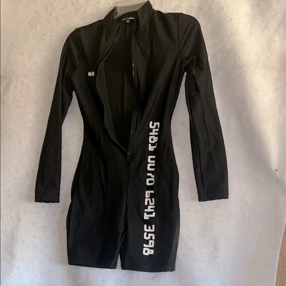 Fashion Nova Black Long Sleeve Graphic Jumpsuit Bodysuit Size S